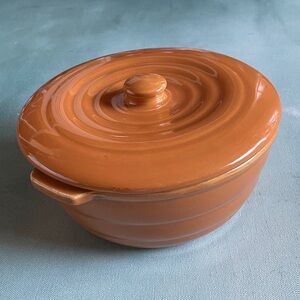 Vintage Bauer Ringware Casserole Dish with Lid Soup Lug Glazed Pottery